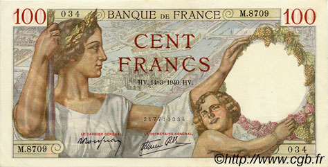 100 Francs SULLY FRANCIA  1940 F.26.25 SPL+