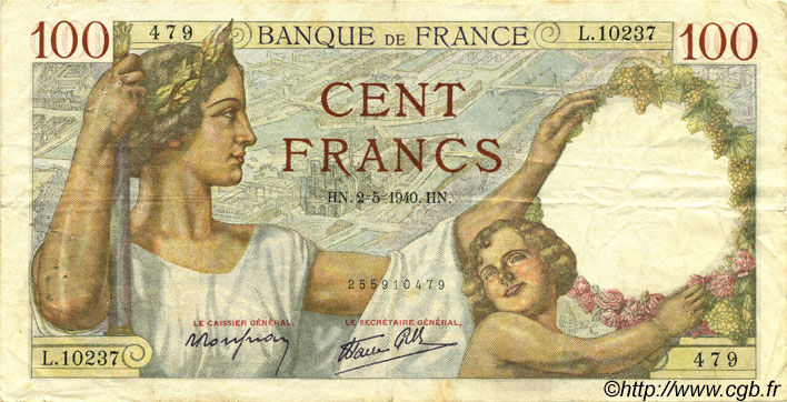 100 Francs SULLY FRANCIA  1940 F.26.28 MB