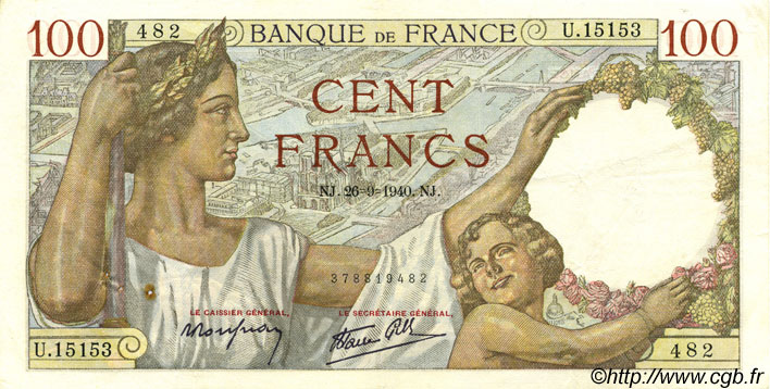 100 Francs SULLY FRANCE  1940 F.26.38 VF