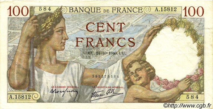 100 Francs SULLY FRANKREICH  1940 F.26.39 fVZ