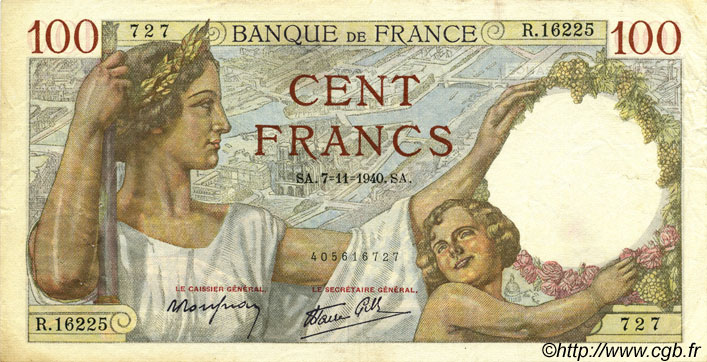 100 Francs SULLY FRANCE  1940 F.26.40 VF+
