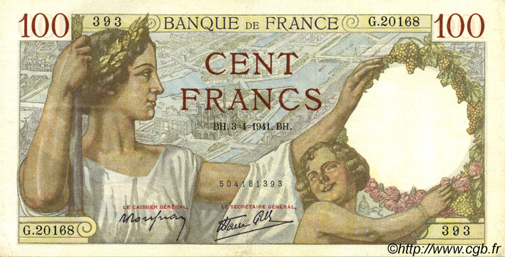 100 Francs SULLY FRANCE  1941 F.26.49 XF - AU