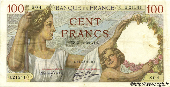 100 Francs SULLY FRANCE  1941 F.26.51 VF+