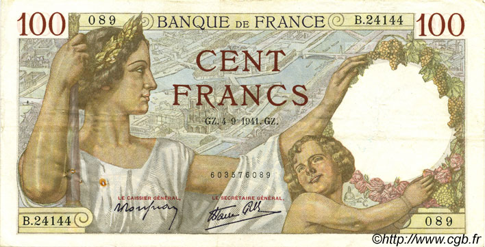 100 Francs SULLY FRANKREICH  1941 F.26.57 SS