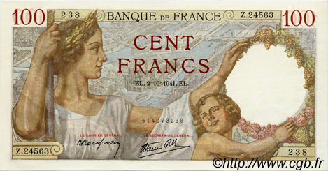 100 Francs SULLY FRANKREICH  1941 F.26.58 fST+
