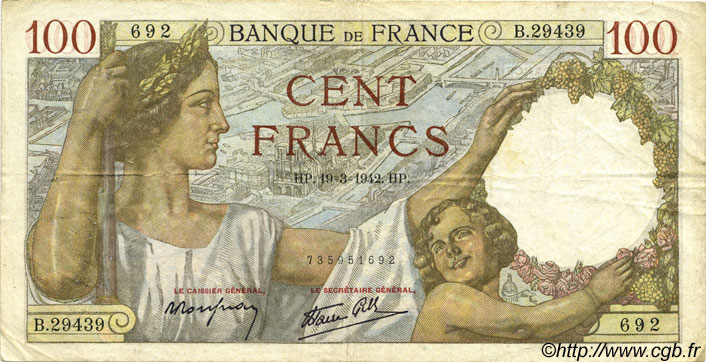 100 Francs SULLY FRANCE  1942 F.26.68 TB+
