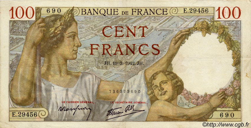 100 Francs SULLY FRANCE  1942 F.26.68 VF+