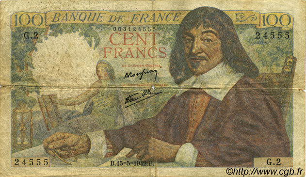 100 Francs DESCARTES FRANCE  1942 F.27.01 VG