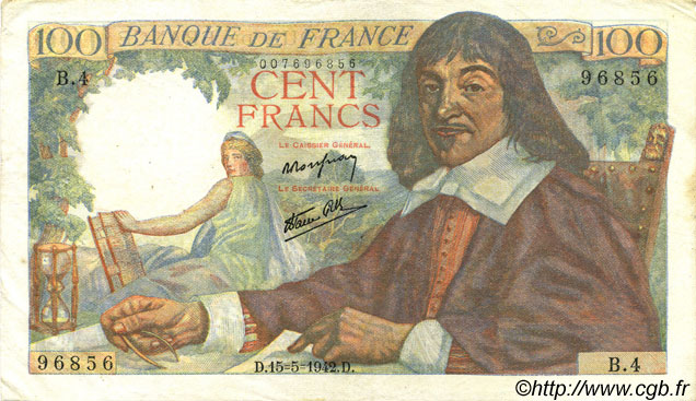 100 Francs DESCARTES FRANCIA  1942 F.27.01 SPL