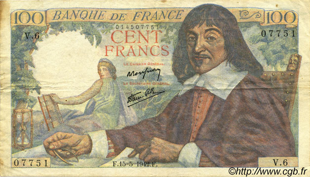 100 Francs DESCARTES FRANCIA  1942 F.27.01 BB