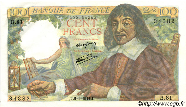 100 Francs DESCARTES FRANCIA  1944 F.27.04 FDC