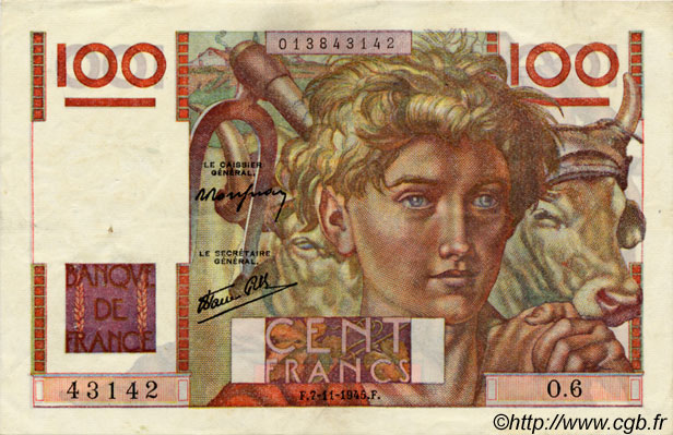100 Francs JEUNE PAYSAN FRANKREICH  1945 F.28.01 fVZ to VZ