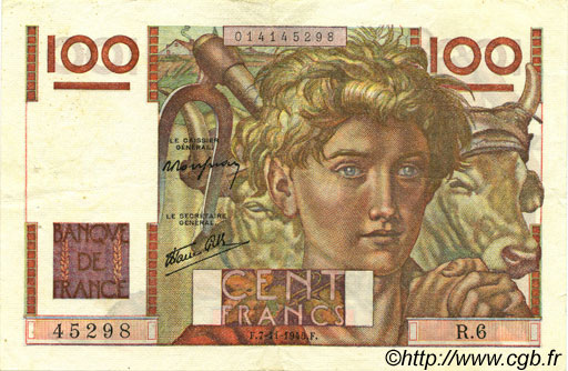 100 Francs JEUNE PAYSAN FRANCIA  1945 F.28.01 SPL