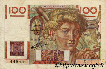 100 Francs JEUNE PAYSAN FRANCIA  1945 F.28.01 MBC