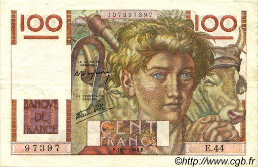 100 Francs JEUNE PAYSAN FRANKREICH  1946 F.28.04 fVZ