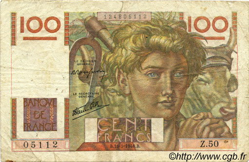 100 Francs JEUNE PAYSAN FRANCIA  1946 F.28.05 q.MB