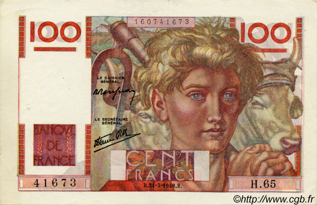 100 Francs JEUNE PAYSAN FRANKREICH  1946 F.28.05 VZ