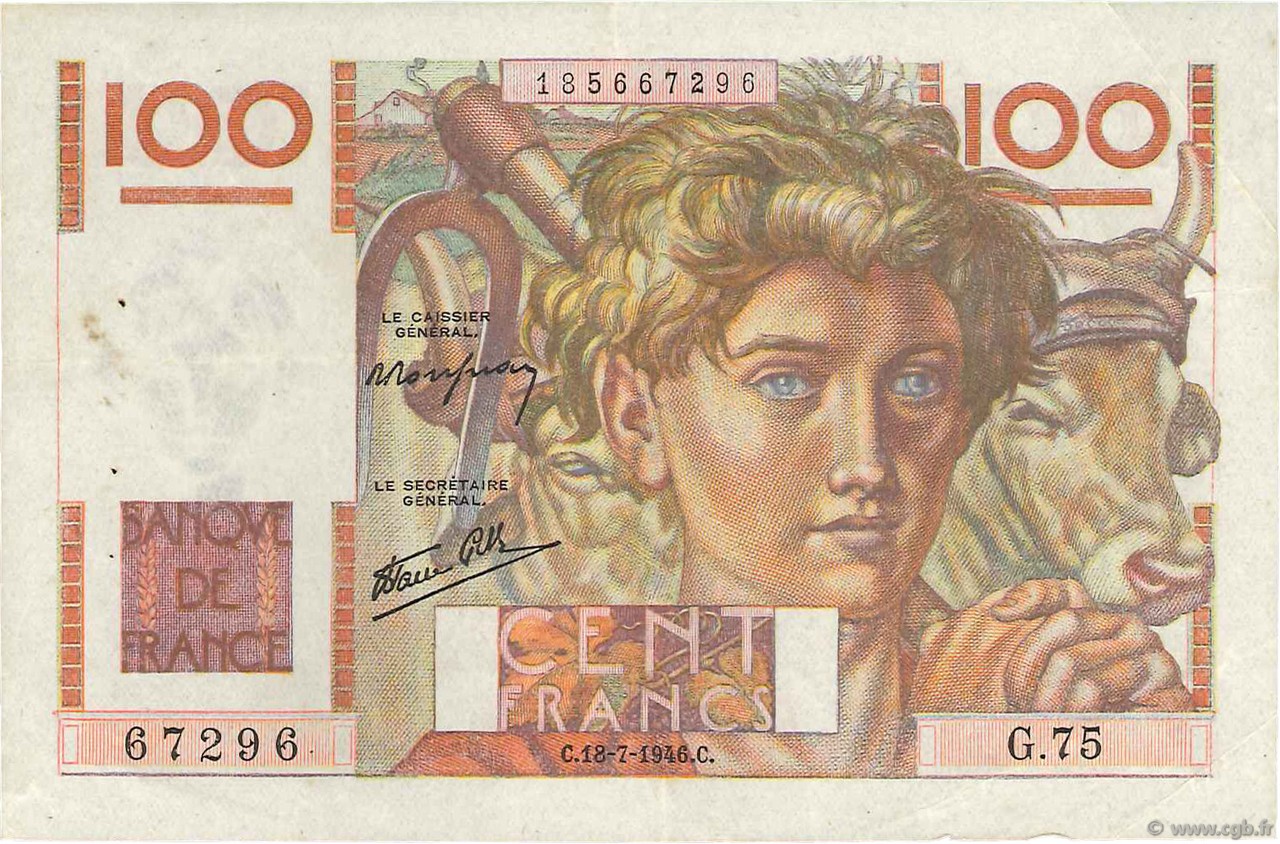 100 Francs JEUNE PAYSAN FRANCIA  1946 F.28.07 MBC+