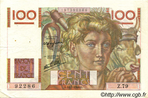 100 Francs JEUNE PAYSAN FRANKREICH  1946 F.28.07 fVZ
