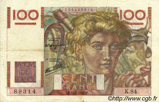 100 Francs JEUNE PAYSAN FRANCE  1946 F.28.07 VF