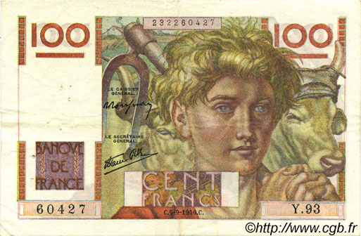 100 Francs JEUNE PAYSAN FRANKREICH  1946 F.28.08 fVZ