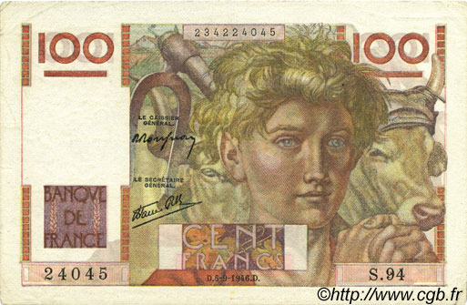 100 Francs JEUNE PAYSAN FRANCE  1946 F.28.08 SUP