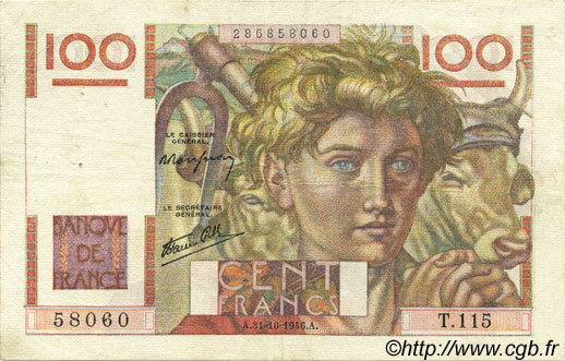100 Francs JEUNE PAYSAN FRANCE  1946 F.28.10 VF