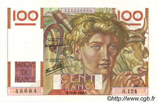 100 Francs JEUNE PAYSAN FRANCIA  1946 F.28.10 q.FDC