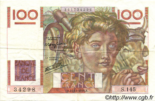 100 Francs JEUNE PAYSAN FRANKREICH  1946 F.28.11 VZ