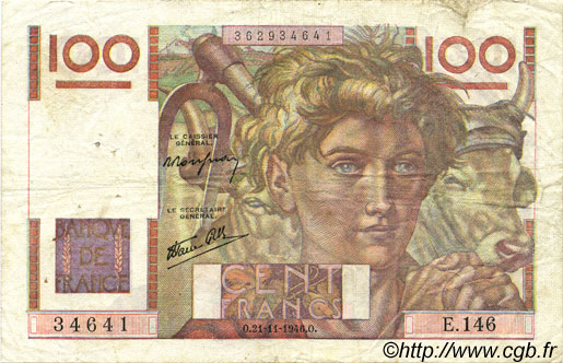100 Francs JEUNE PAYSAN FRANCIA  1946 F.28.11 q.BB