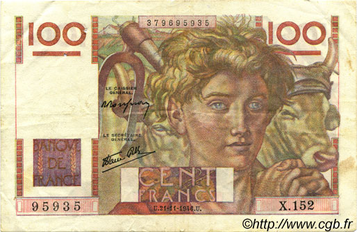 100 Francs JEUNE PAYSAN FRANKREICH  1946 F.28.11 fVZ