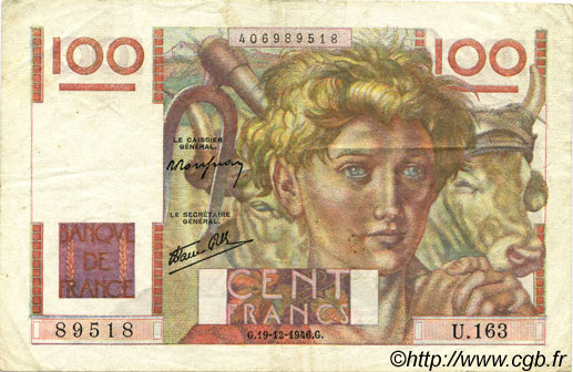 100 Francs JEUNE PAYSAN FRANCE  1946 F.28.12 VF+