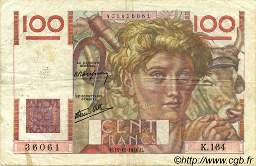 100 Francs JEUNE PAYSAN FRANCIA  1946 F.28.12 BC+