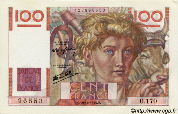 100 Francs JEUNE PAYSAN FRANCE  1946 F.28.12 AU+