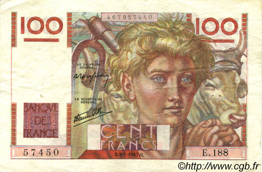 100 Francs JEUNE PAYSAN FRANCIA  1947 F.28.13 MBC+