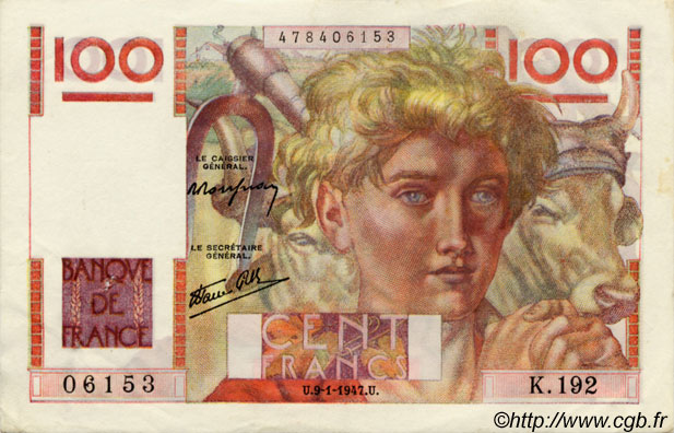 100 Francs JEUNE PAYSAN FRANCIA  1947 F.28.13 SPL+