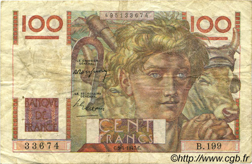 100 Francs JEUNE PAYSAN FRANCIA  1947 F.28.14 MB