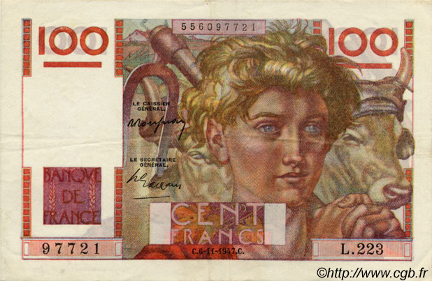 100 Francs JEUNE PAYSAN FRANKREICH  1947 F.28.16 fVZ