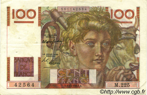 100 Francs JEUNE PAYSAN FRANCIA  1947 F.28.16 BB