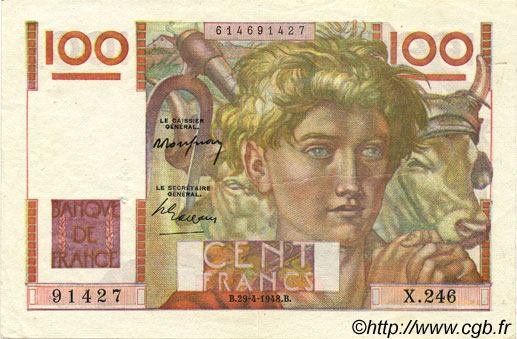 100 Francs JEUNE PAYSAN FRANCIA  1948 F.28.18 EBC
