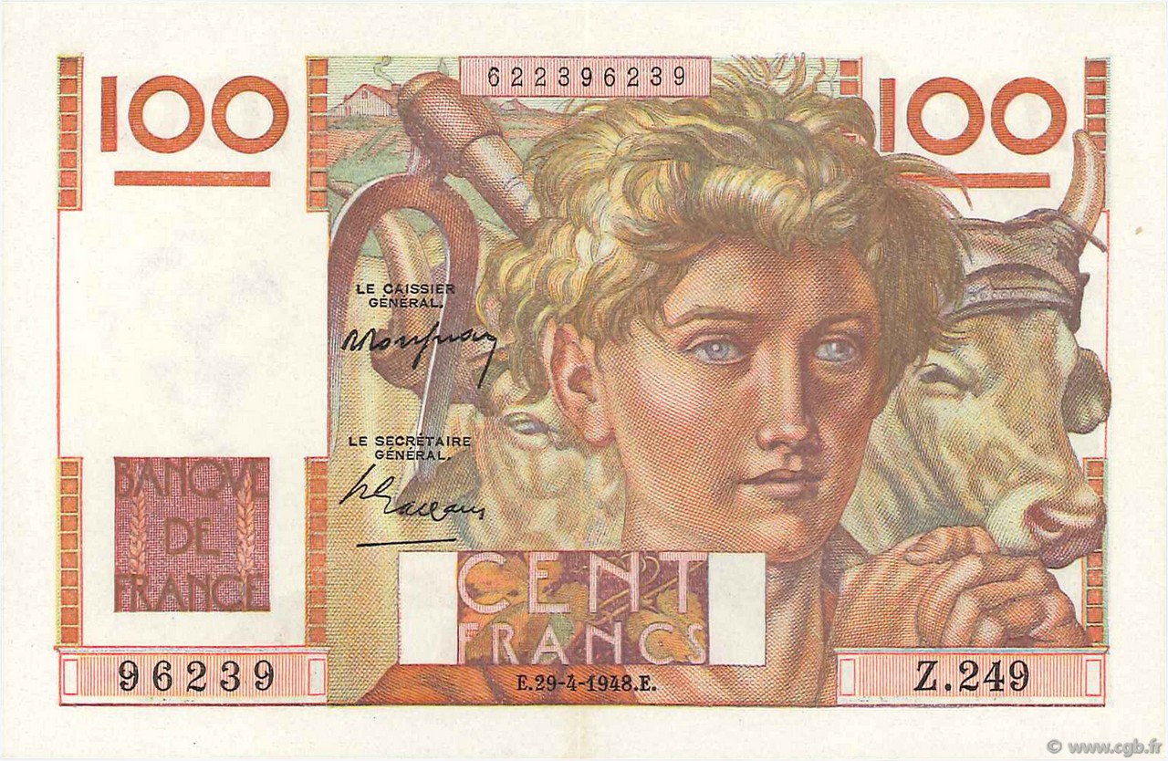 100 Francs JEUNE PAYSAN FRANCE  1948 F.28.18 XF - AU
