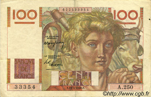 100 Francs JEUNE PAYSAN FRANCIA  1948 F.28.18 BB to SPL