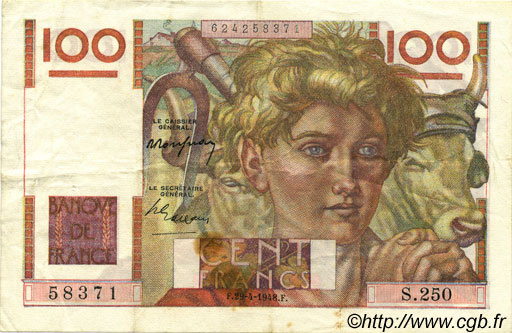 100 Francs JEUNE PAYSAN FRANKREICH  1948 F.28.18 SS