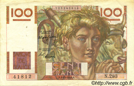 100 Francs JEUNE PAYSAN FRANKREICH  1948 F.28.20 fVZ