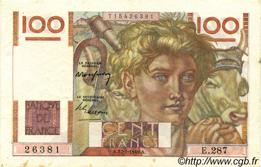 100 Francs JEUNE PAYSAN FRANKREICH  1949 F.28.21 fVZ