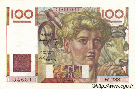 100 Francs JEUNE PAYSAN FRANCE  1949 F.28.21 TTB+