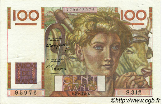 100 Francs JEUNE PAYSAN FRANCE  1949 F.28.23 SUP+