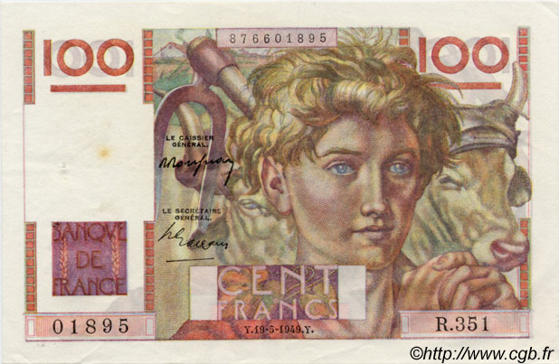 100 Francs JEUNE PAYSAN FRANCE  1949 F.28.24 SUP