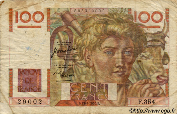 100 Francs JEUNE PAYSAN FRANKREICH  1950 F.28.25 fS