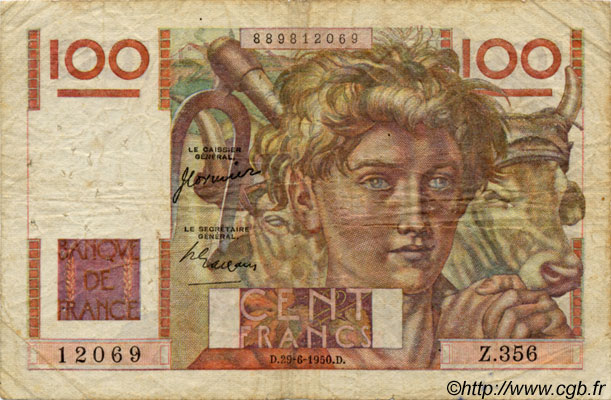 100 Francs JEUNE PAYSAN FRANCIA  1950 F.28.25 RC+